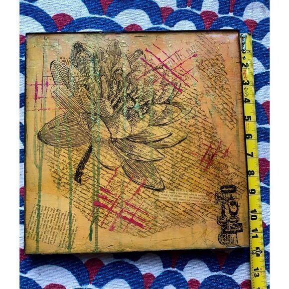 Original Mixed Media Art Flower French Quotes enameled Collage, Signed - Picture 6 of 11